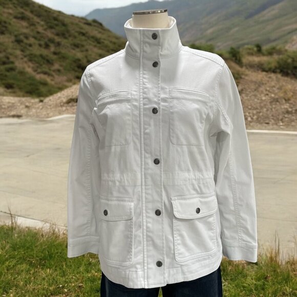 LL Bean White Utility Jacket PS Snap Button High Collar Outdoor Hiking Everyday - Picture 1 of 9